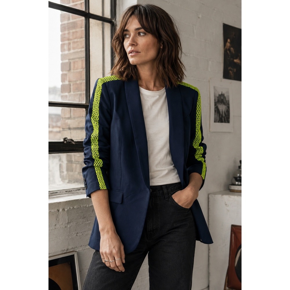 NWT Wildfang The Empower Colorblock Tux Blazer Navy Neon Yellow Mesh Medium